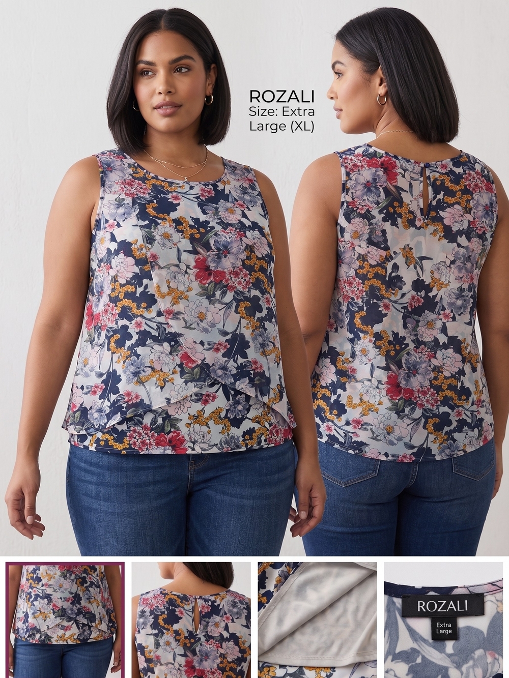 Roz & Ali Navy Floral Layered Sleeveless Camisole